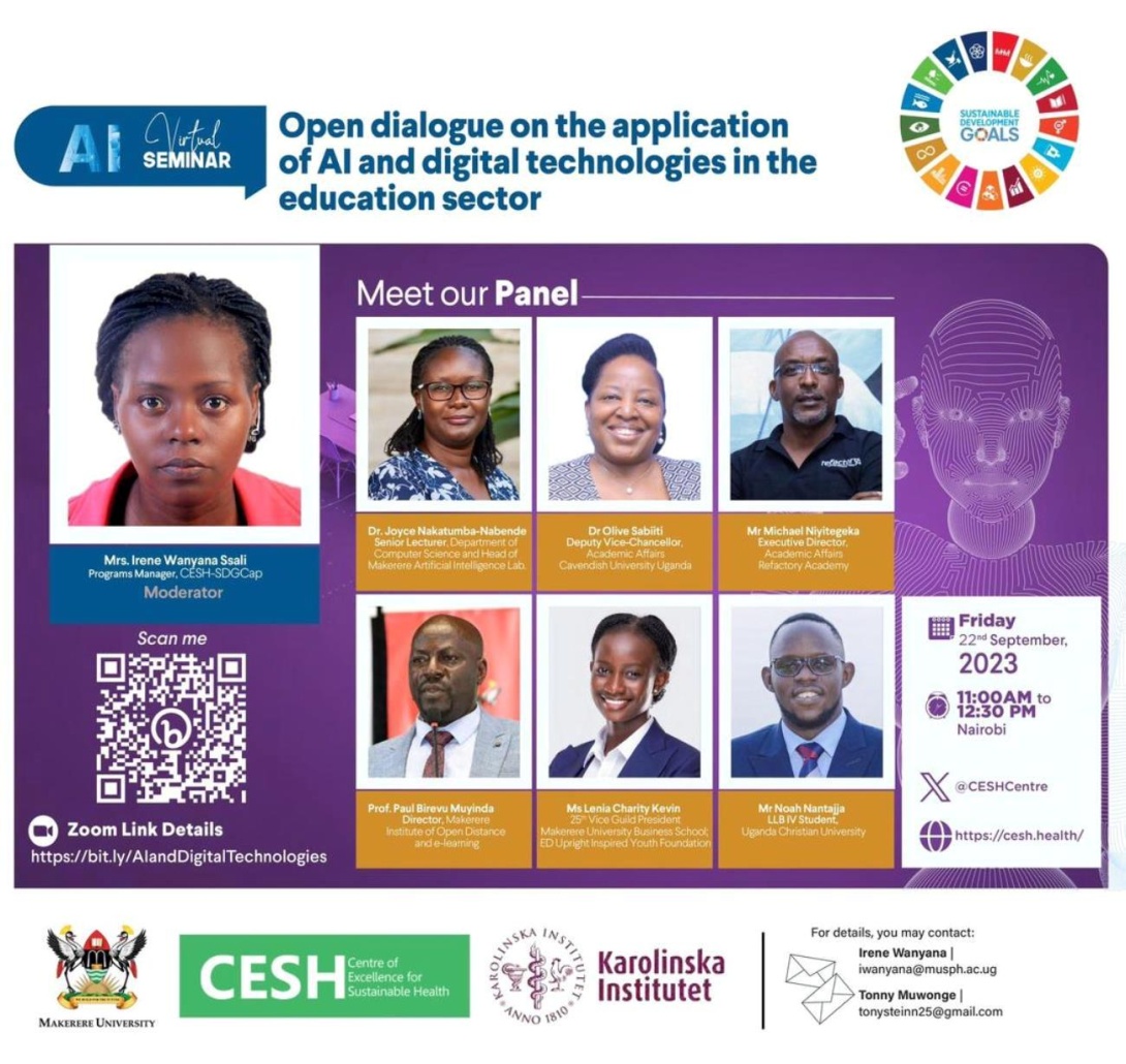 CESH-SDGCap Online Virtual Seminar: use and application of Artificial Intelligence (AI) and digital technologies in the education sector, 22nd September 2023 at 11:00 AM-12:30 PM East Africa Time (EAT) on ZOOM.