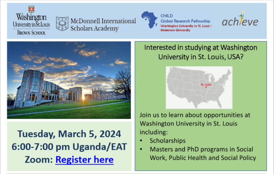 Info Session: Public Health, Social Work and Health Research Programs at Washington Univ in St. Louis (WashU), March 5, 6:00-7:00 pm EAT on ZOOM.