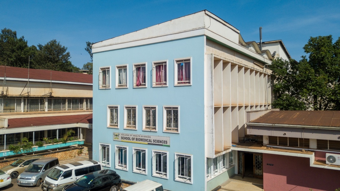 An elevated shot of the School of Biomedical Sciences, College of Health of Sciences (CHS), Makerere University, Mulago Hill Campus, Kampala Uganda, East Africa.