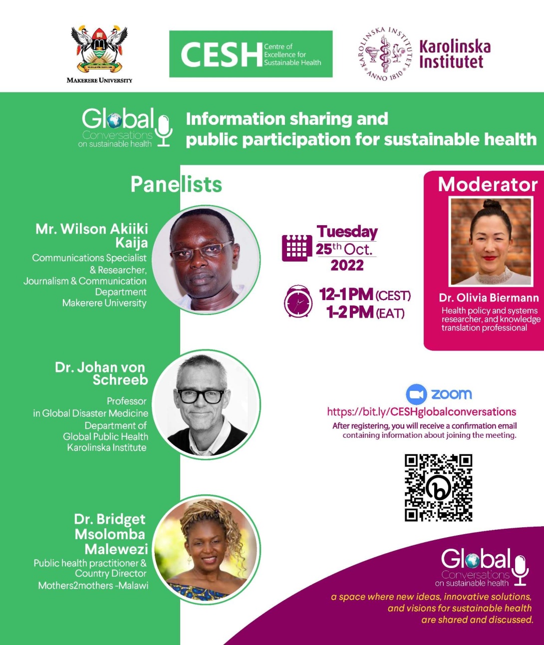 CESH Global Conversations: Information sharing and public participation for sustainable health, 25th October 2022 at 12-1 PM (CEST) / 1-2 PM (EAT) on ZOOM.