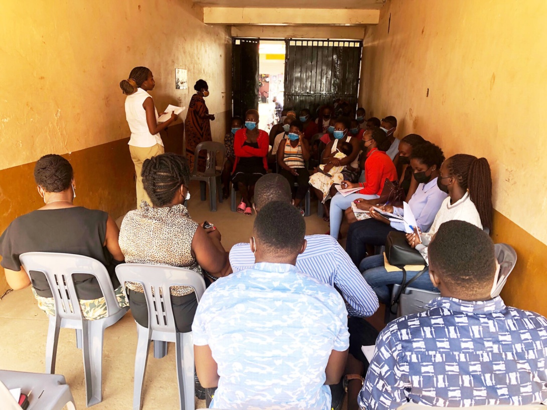 One of the 30 3rd year students offering Clinical Legal Education (CLE) elective, Ms. Tracy Ibondo (standing) interacts with Katanga residents during the legal support and community literacy externship engagement in Katanga 16th December, 2021.