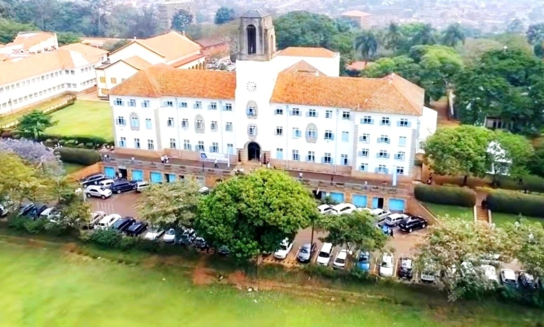 An aerial shot of the Main Building with CHUSS & St Francis Chapel to the Left and the Freedom Square in the foreground as captured by a drone, Makerere University, Kampala Uganda.