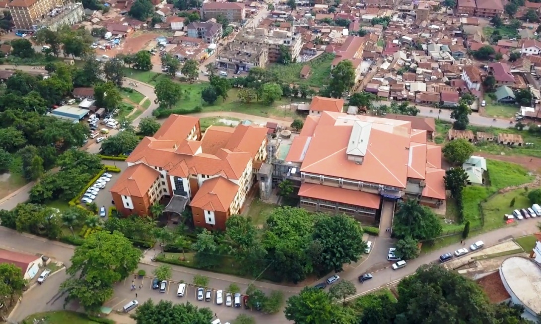 An Aerial View of CEDAT Old and New Buildings and Kikoni area as shot by a drone hovering above the Department of Physics, College of Natural Sciences (CoNAS), Makerere University, Kampala Uganda.