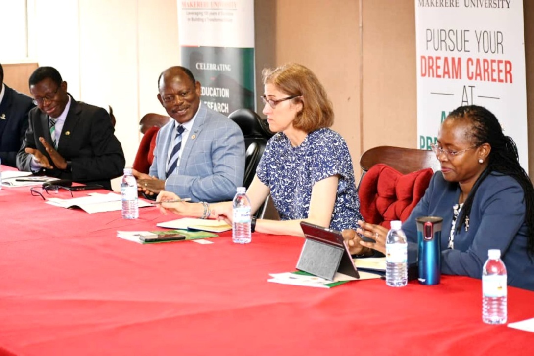 L-R: Prof. Buyinza Mukadasi, Prof. Barnabas Nawangwe, Ms. Claudia Frittelli and Prof. Sarah Ssali during the meeting with Top Management on 1st September 2022.