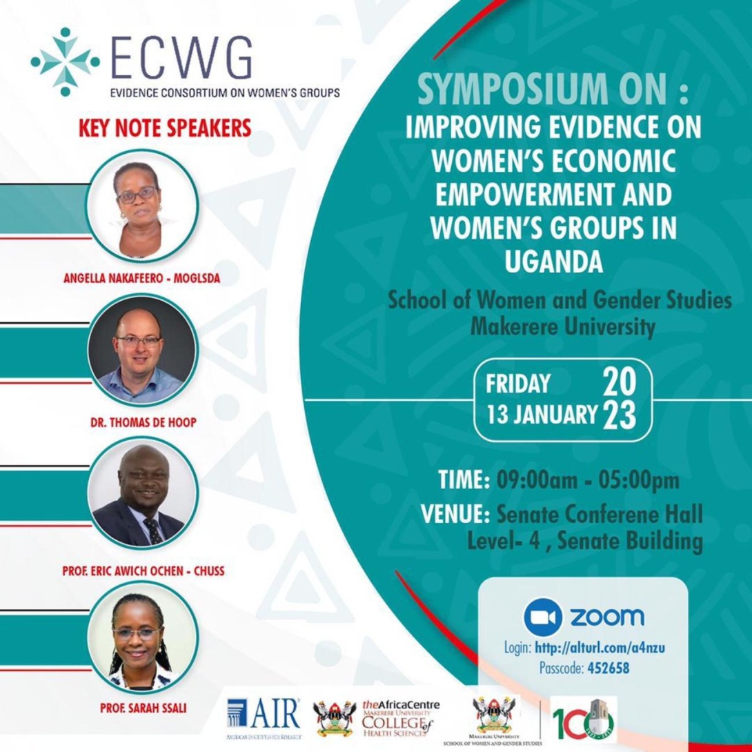 SWGS Symposium on Improving Evidence on Women's Economic Empowerment and Women's Groups in Uganda, 13th January, 2023, 8:30 AM - 5:00 PM EAT, Senate Conference Hall, Makerere University, Kampala Uganda and Online.