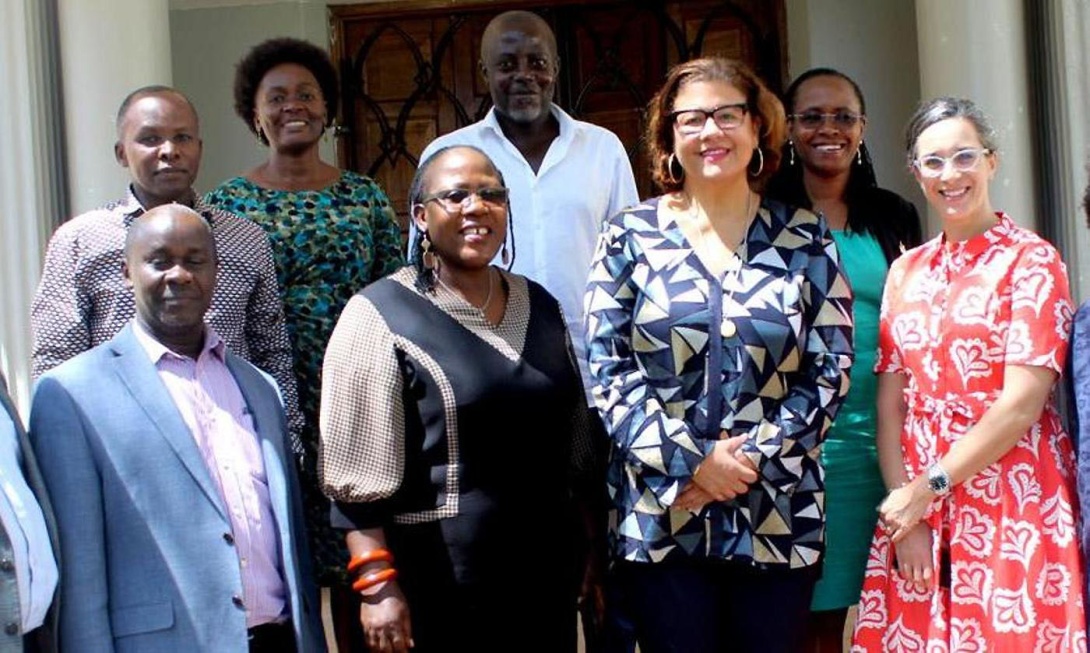 The Principal CHUSS-Dr. Josephine Ahikire (2nd Left) with Andrew W. Mellon Foundation President-Dr. Elizabeth Alexander (2nd Right), Ms. Julie B. Ehrlich-Chief of Staff and Programme Advisor at the Foundation (Right) and CHUSS Leadership during the courtesy call on 21st February 2020, Makerere University, Kampala Uganda.