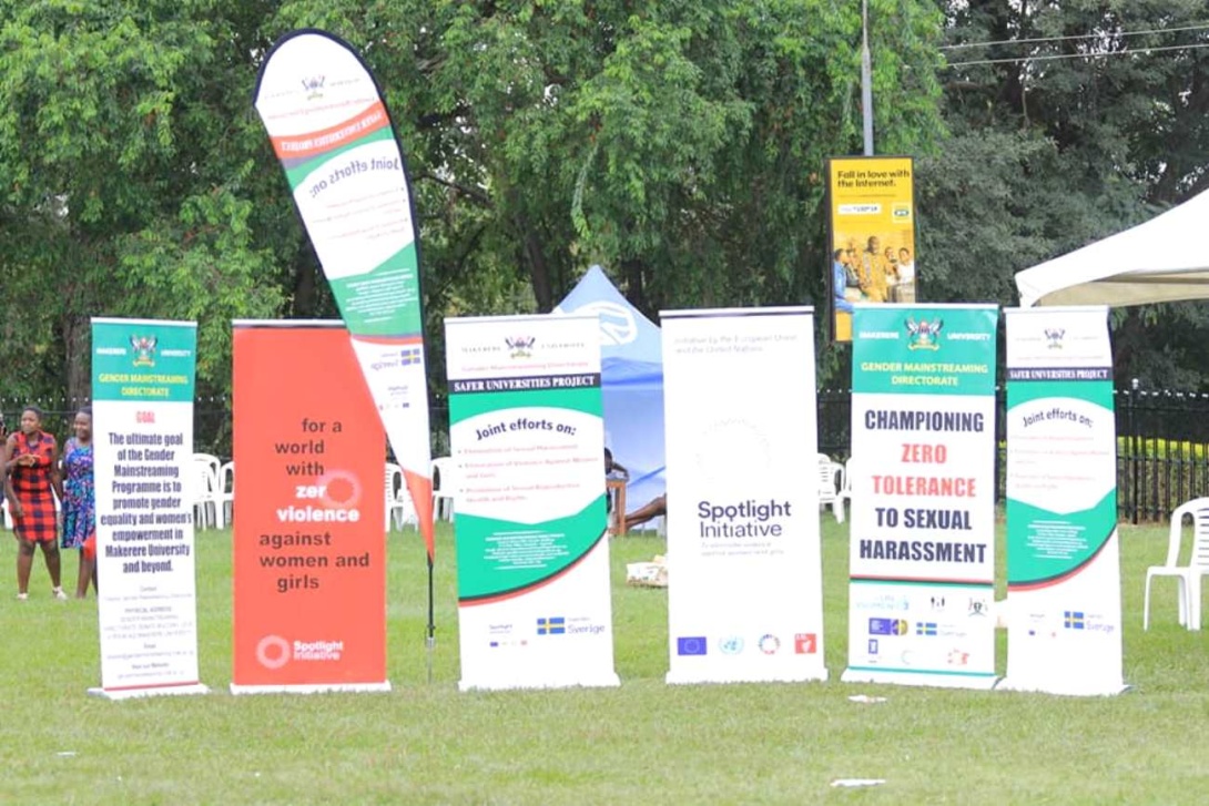 Banners with various messages expressing Zero Tolerance to Sexual Harassment by the Gender Mainstreaming Directorate and various partners on display at the Freedom Square, Makerere University.