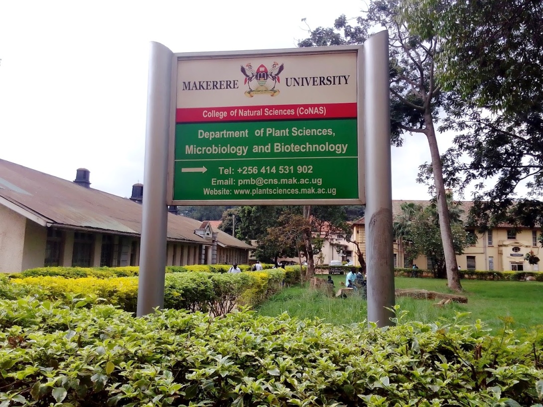 A signpost of the Department of Plant Sciences, Microbiology and Biotechnology, School of Biosciences, College of Natural Sciences (CoNAS), in the Botany-Zoology Quadrangle, Makerere University, Kampala Uganda.