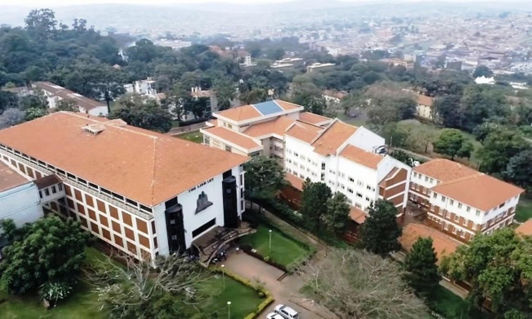 An aerial photo of L-R: The Main Library, Central Teaching Facility 2 (CTF2), School of Economics and School of Business (CoBAMS), Makerere University, Kampala Uganda, East Africa.