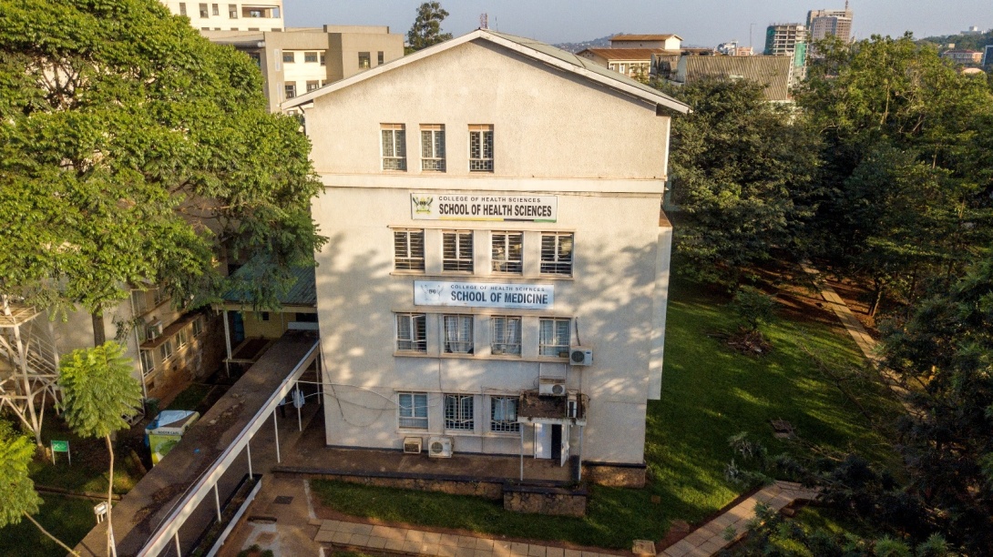 An elevated shot of the building housing the School of Health Sciences and the School of Medicine as taken by a drone hovering over the Deans' Gardens, College of Health Sciences, Makerere University, New Mulago Complex, Mulago Hill, Kampala Uganda, East Africa. 