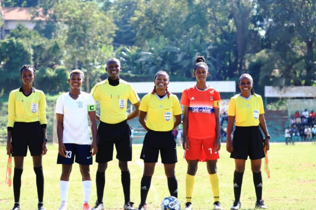 Makerere University Ladies Football Team (She-Mak) Captain Josephine Ndagire (2nd Right) with match officials and opposing team captain ahead of kick-off for one of their encounters, Kampala Uganda, East Africa. Photo: Twitter/@Women_Mak