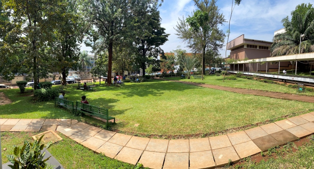 The Dean’s Gardens with Davies Lecture Theatre (Right), College of Health Sciences, Makerere University, Mulago Hill, Kampala Uganda on a bright sunny day.