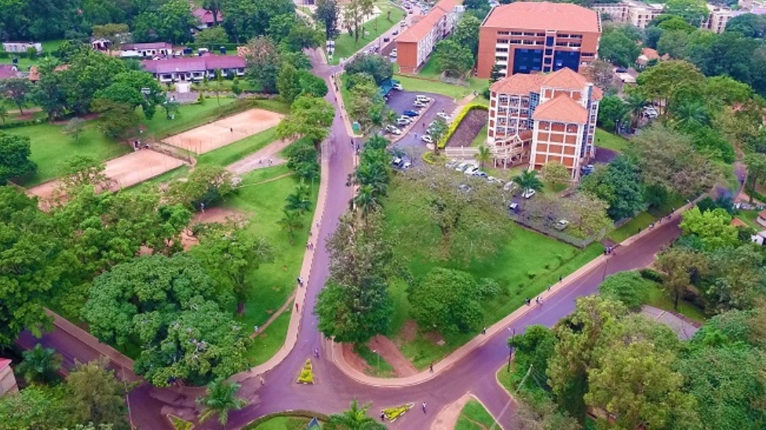 An aerial view of L-R: The Makerere University Guest House and Tennis Courts, Lincoln Flats, CoCIS Block B and Block A as seen by a drone hovering over the CCE Roundabout, Makerere University, Kampala Uganda, East Africa. Photo credit: KCCA