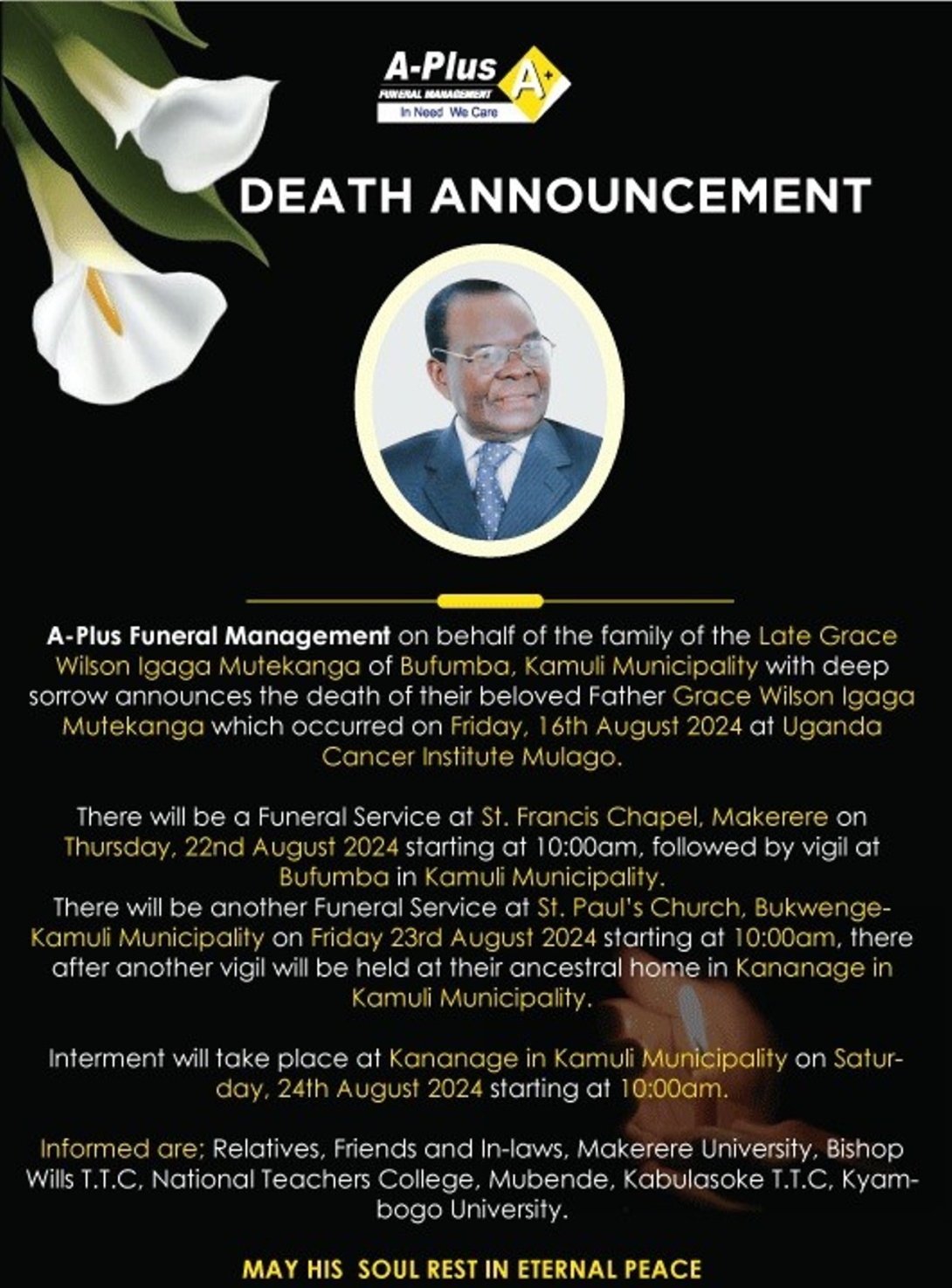 A-Pluse Death Announcement and Burial Arrangements for Mr. Grace Wilson Igaga Mutekanga.