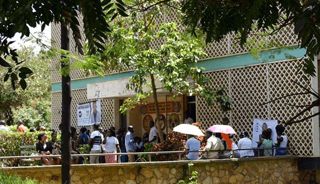 Students gathered outside the East African School of Library and Information Sciences (EASLIS), College of Computing and Information Sciences (CoCIS), Makerere University, Kampala Uganda, East Africa.