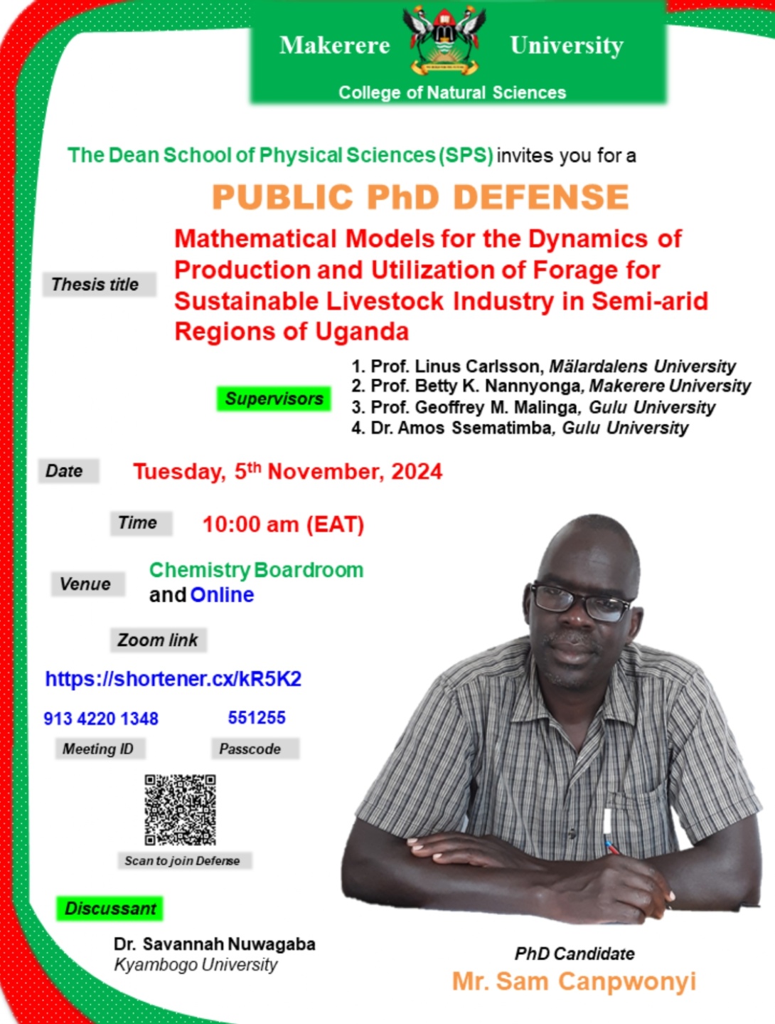 PhD Defence by Mr. Sam Canpwony