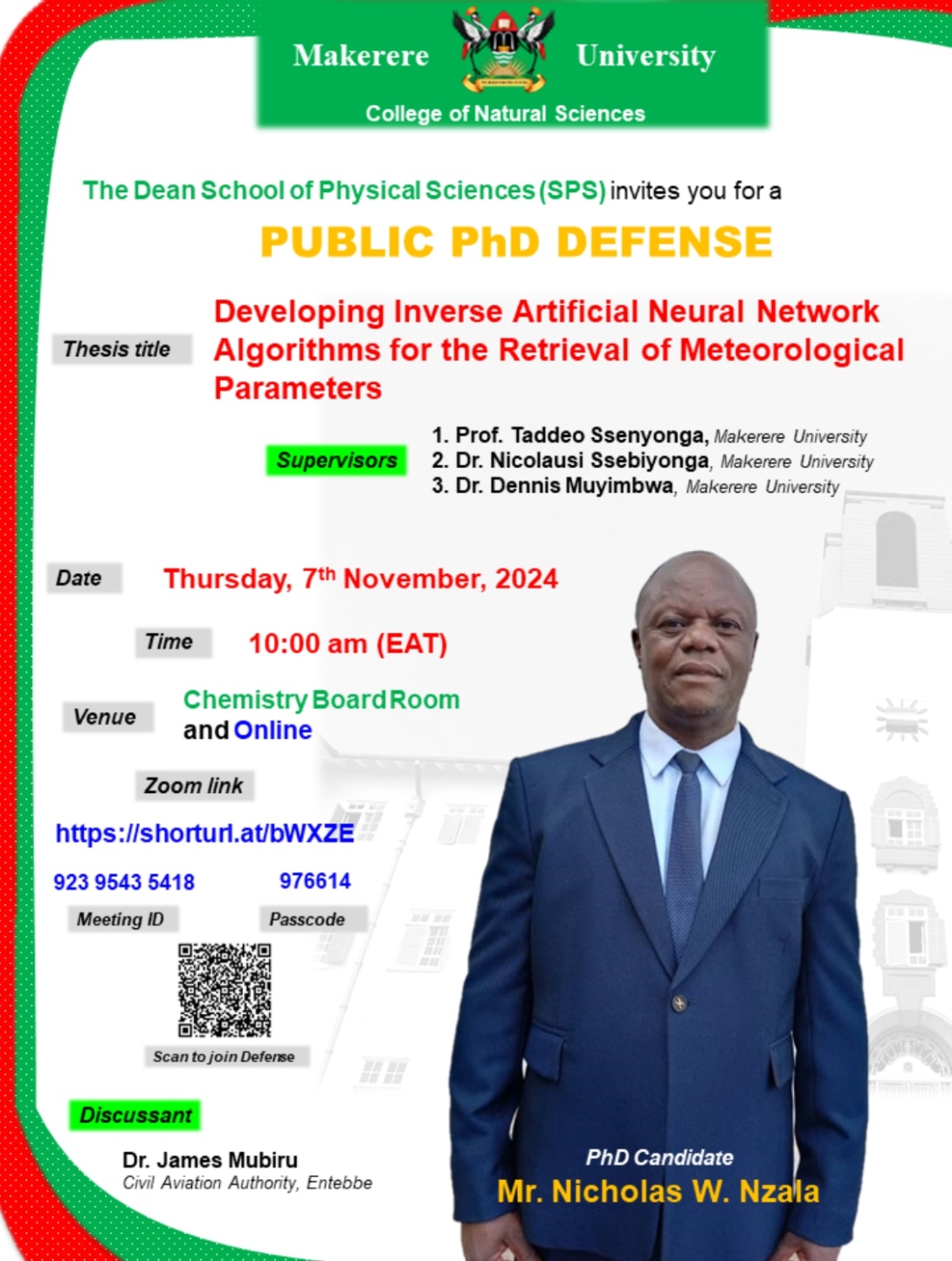 Invitation to Mr. Walter Nicholas Nzala’s PhD defense