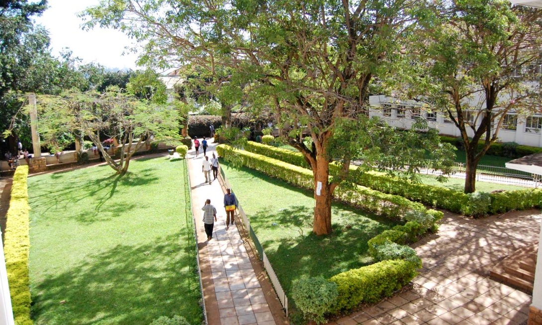 An elevated mid-morning shot of the Arts Quadrangle, College of Humanities and Social Sciences (CHUSS), Makerere University, Kampala Uganda, East Africa.