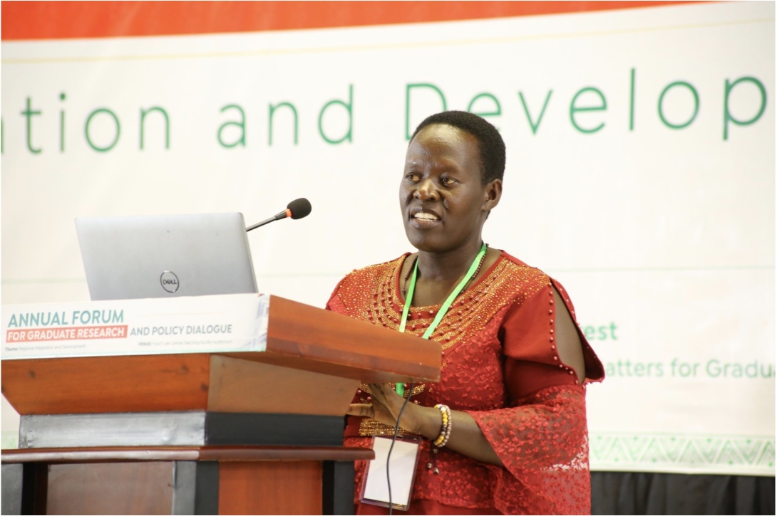 Ms. Betty Akwongo presents her work on “Evaluation of antifungal activity of khaya anthotheca used for the treatment of candidiasis in Pader District, Northern Uganda” at the Annual Forum for Grauduate Reseaerch and Policy Dialogue on 26th April 2024, Yusuf Lule Central Teaching Facility Auditorium, Makerere University, Kampala Uganda, East Africa.