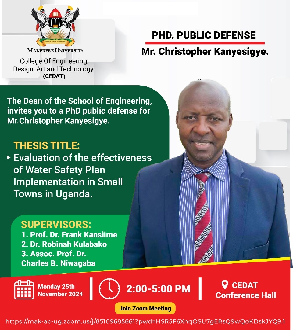 PhD Public Defence for Mr. Christopher Kanyesigye (PhD Candidate, Civil Engineering)