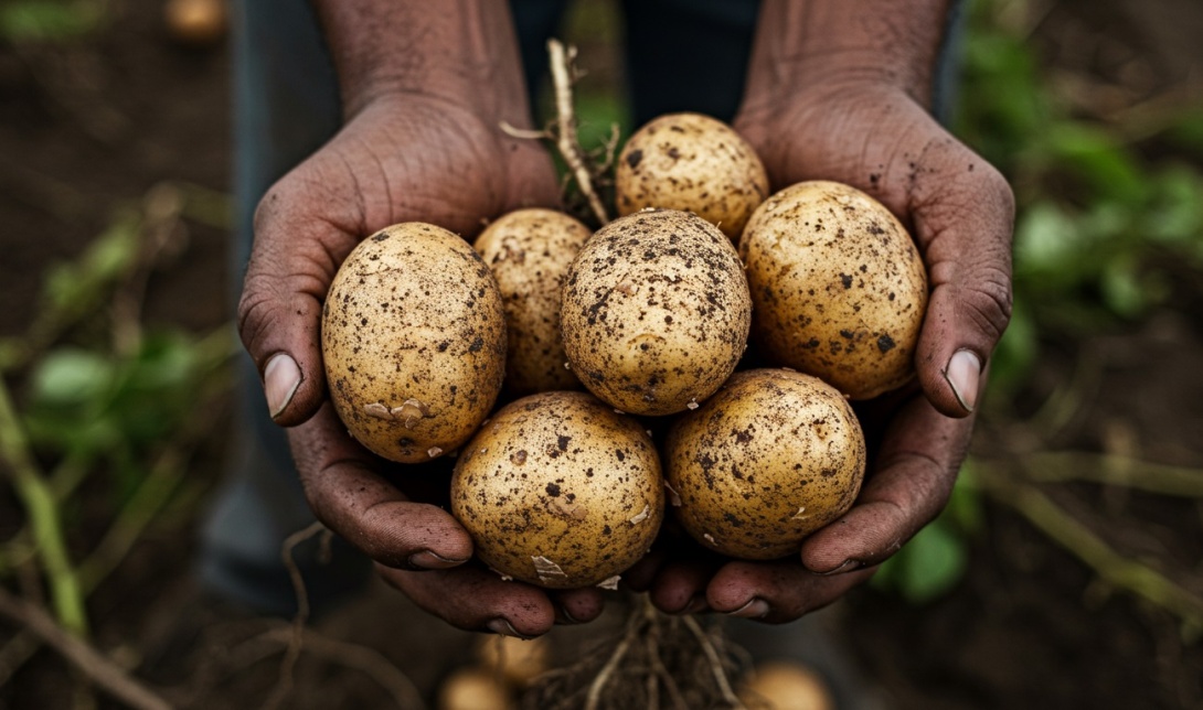 Dirty soiled hands holding Solanum tuberosum L. Photo: ImageFX
