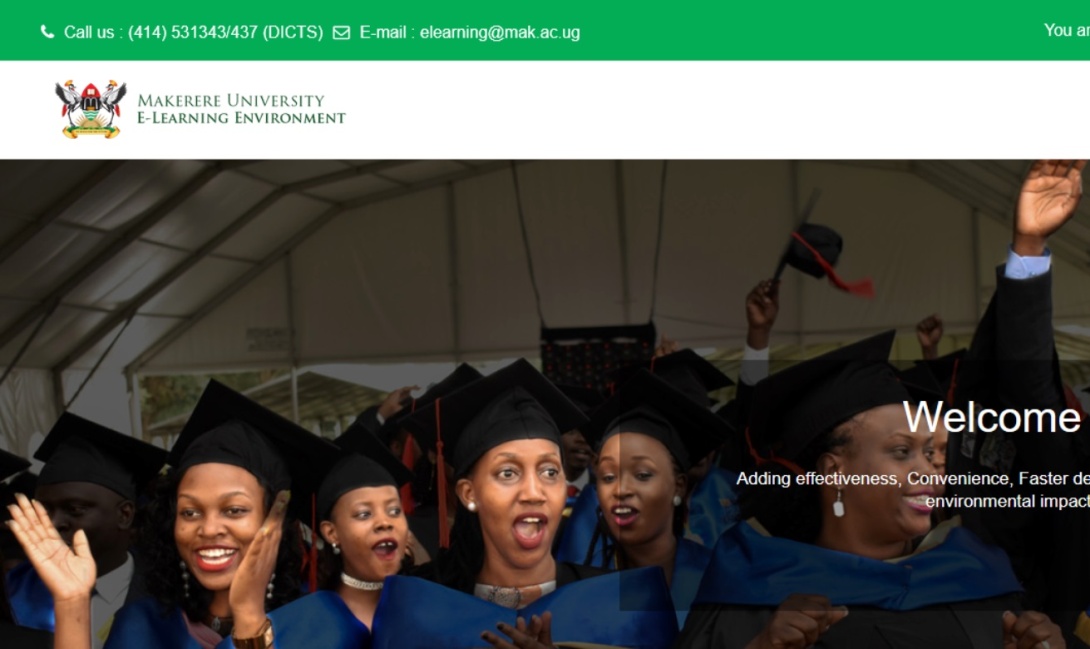A screenshot of the Makerere University E-Learning Environment (MUELE) Homepage. Kampala Uganda, East Africa.