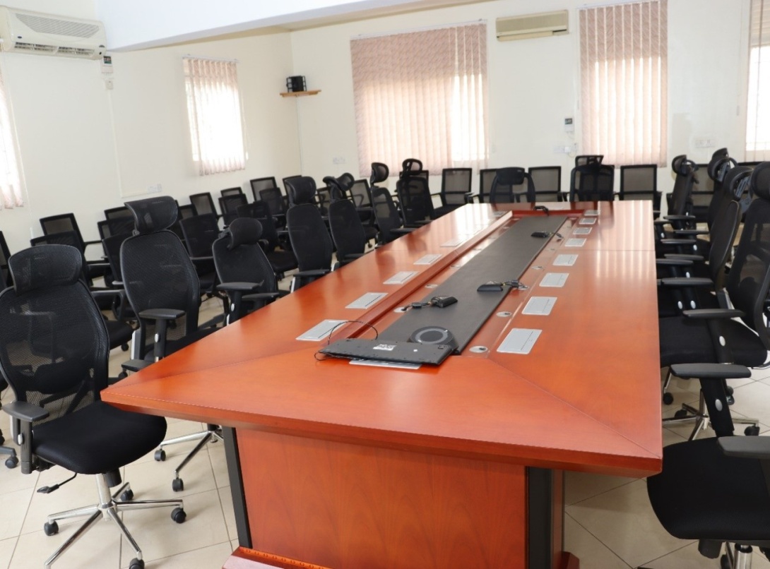 School of Social Sciences Teleconferencing Facility equipped with support from Uganda's Ministry of Defence and Veterinary Affairs, features modern furniture and seats up to 65 people, College of Humanities and Social Sciences (CHUSS), Makerere University, Kampala, East Africa.
