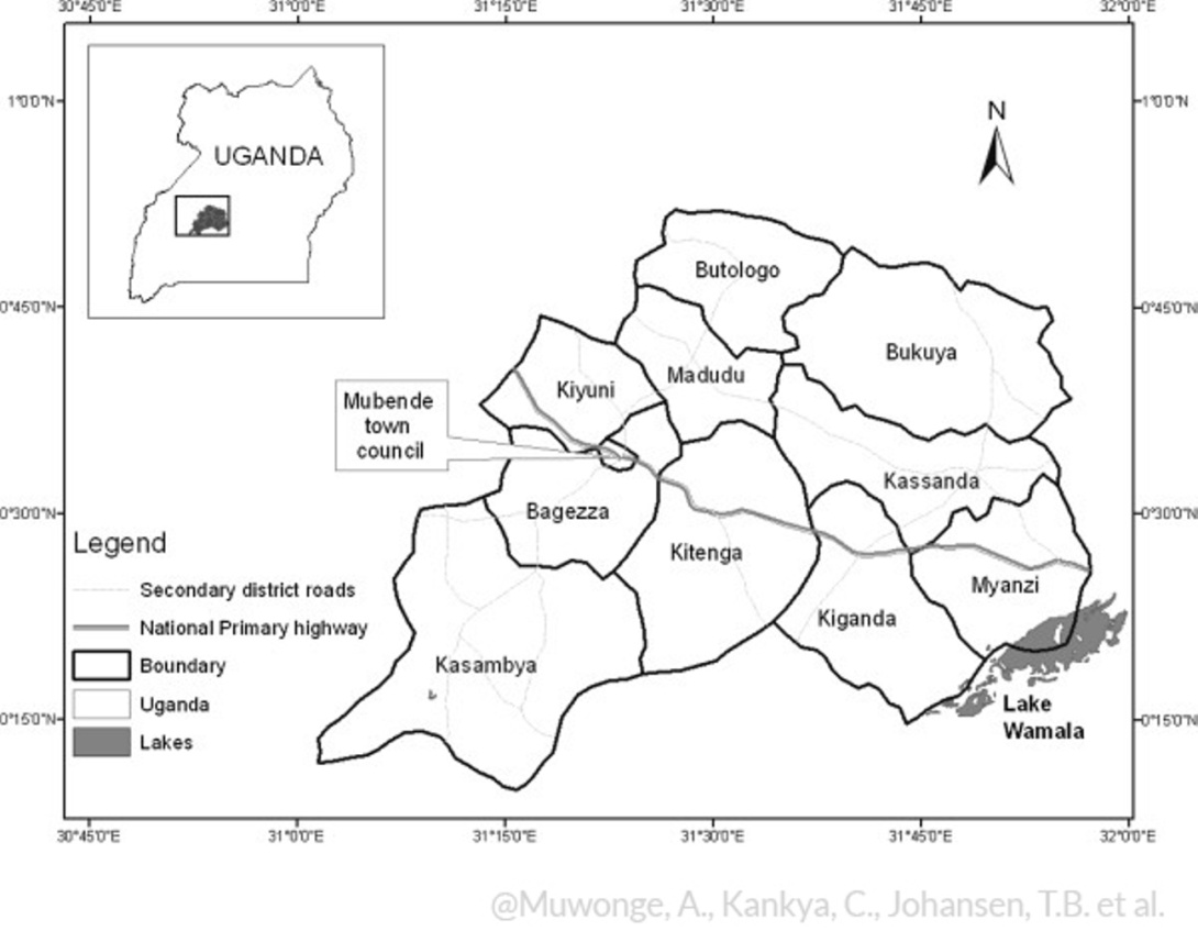 Map of Mubende District in Uganda with the 10 sub-counties-copyrights.