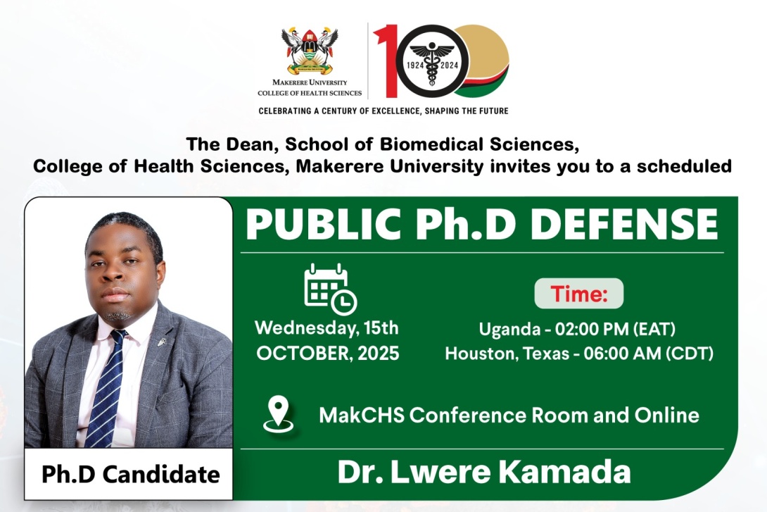 PhD Candidate: Dr. Kamada Lwere, "Gut Microbiome Composition, Immune Response, and Genetic Predisposition to Alzheimer’s Disease and Related Dementias in a Ugandan Population." 15th October 2025, 2:00PM EAT, The College Conference Room, 2nd Floor, Clinical Research Building, CHS, Makerere University, New Mulago Hospital Complex, Kampala Uganda, East Africa and Online.