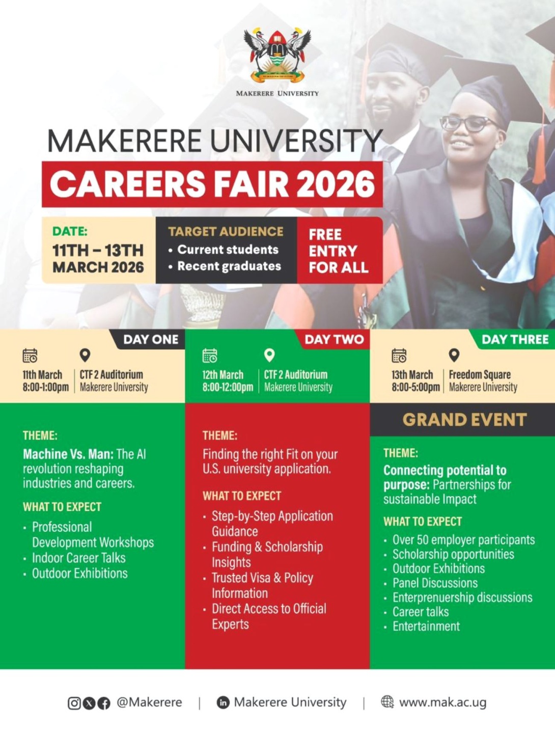 Makerere University Careers Fair, 11–13 March 2026, Yusuf Lule Central Teaching Facility, Freedom Square, Makerere University, Kampala Uganda, East Africa and Online.