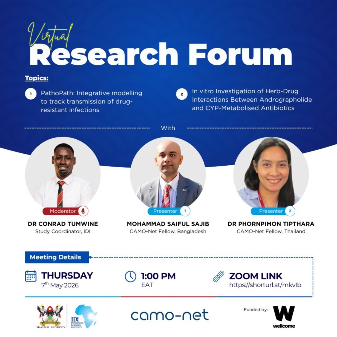 Makerere University Infectious Diseases Institute (IDI) Virtual Research Forum: Topic 1: PathoPath: Integrative Modelling to Track Transmission of Drug-Resistant Infections, Topic 2: In-vitro Investigation of Herb-Drug Interactions between Andrographolide and CYP-Metabolised Antibiotics, 7th May 2026 at 1:00PM EAT on ZOOM. Kampala Uganda, East Africa