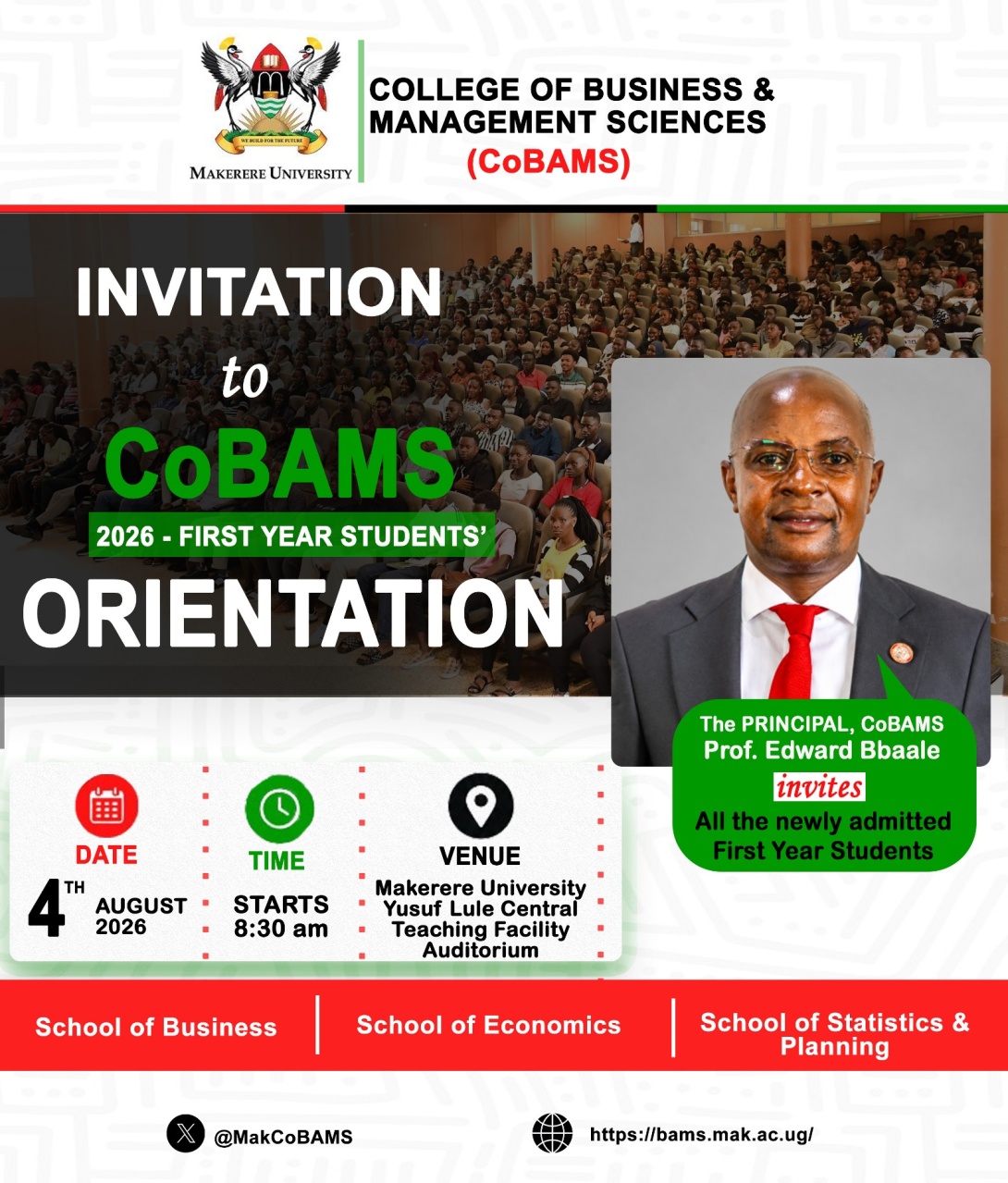 College of Business and Management Sciences (CoBAMS) Freshers' Orientation, 4th August 2026 starting at 8:30am, Yusuf Lule Central Teaching Facility Auditorium, Makerere University, Kampala Uganda, East Africa.
