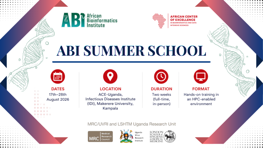 African Bioinformatics Institute (ABI) Bioinformatics Summer School, 17–28 August 2026, African Center of Excellence in Bioinformatics & Data Intensive Sciences - Uganda (ACE-Uganda), Infectious Diseases Institute (IDI), Makerere University, Kampala Uganda, East Africa.